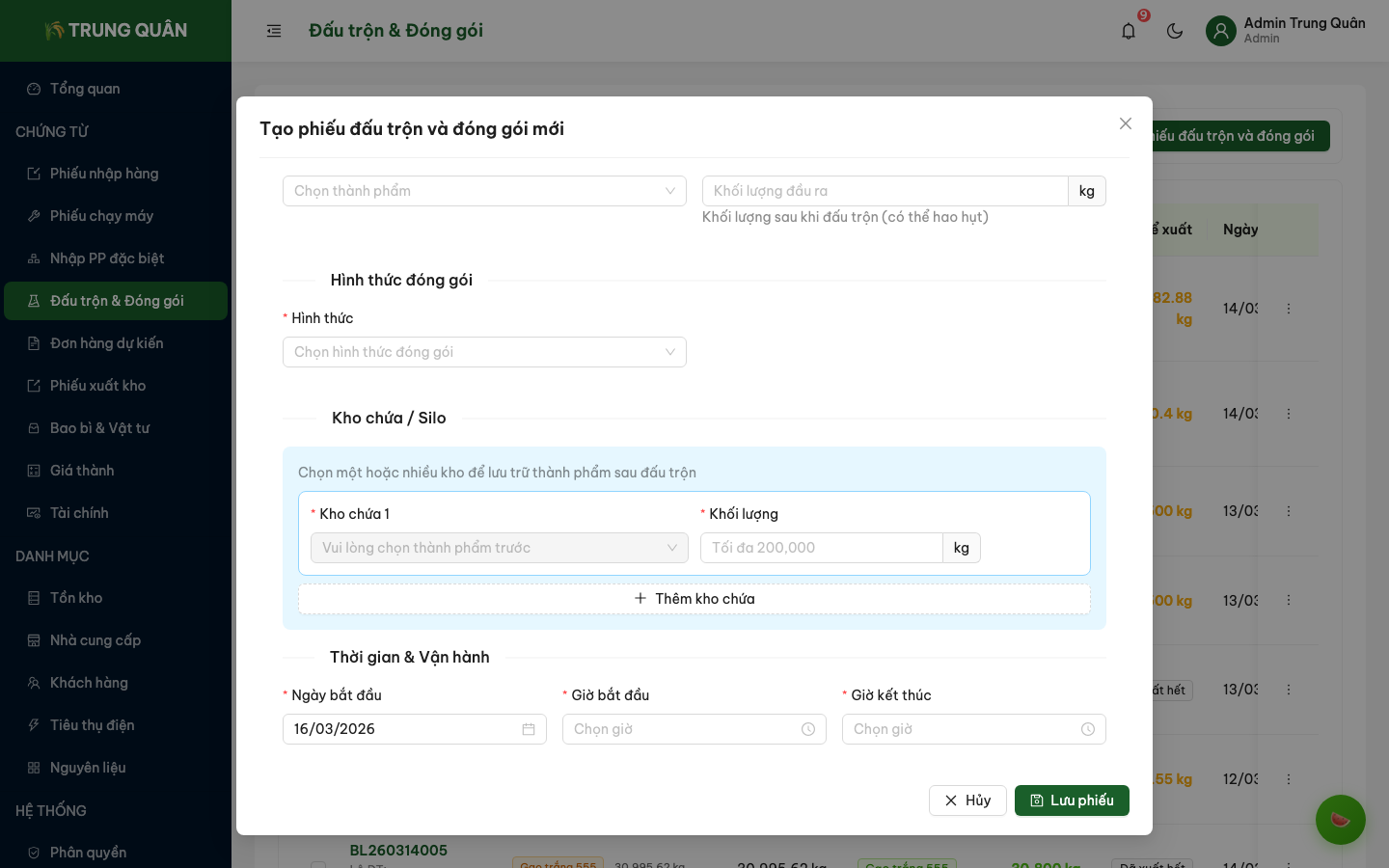 Form tạo phiếu đấu trộn và đóng gói (phần 2)