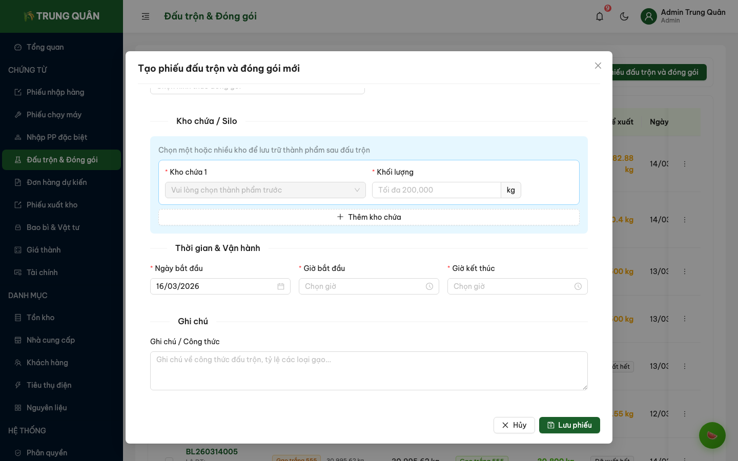 Form tạo phiếu đấu trộn và đóng gói (phần 3)