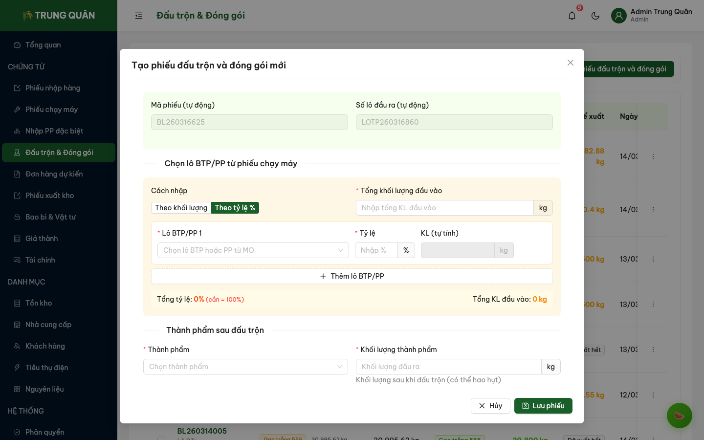 Form tạo phiếu đấu trộn và đóng gói