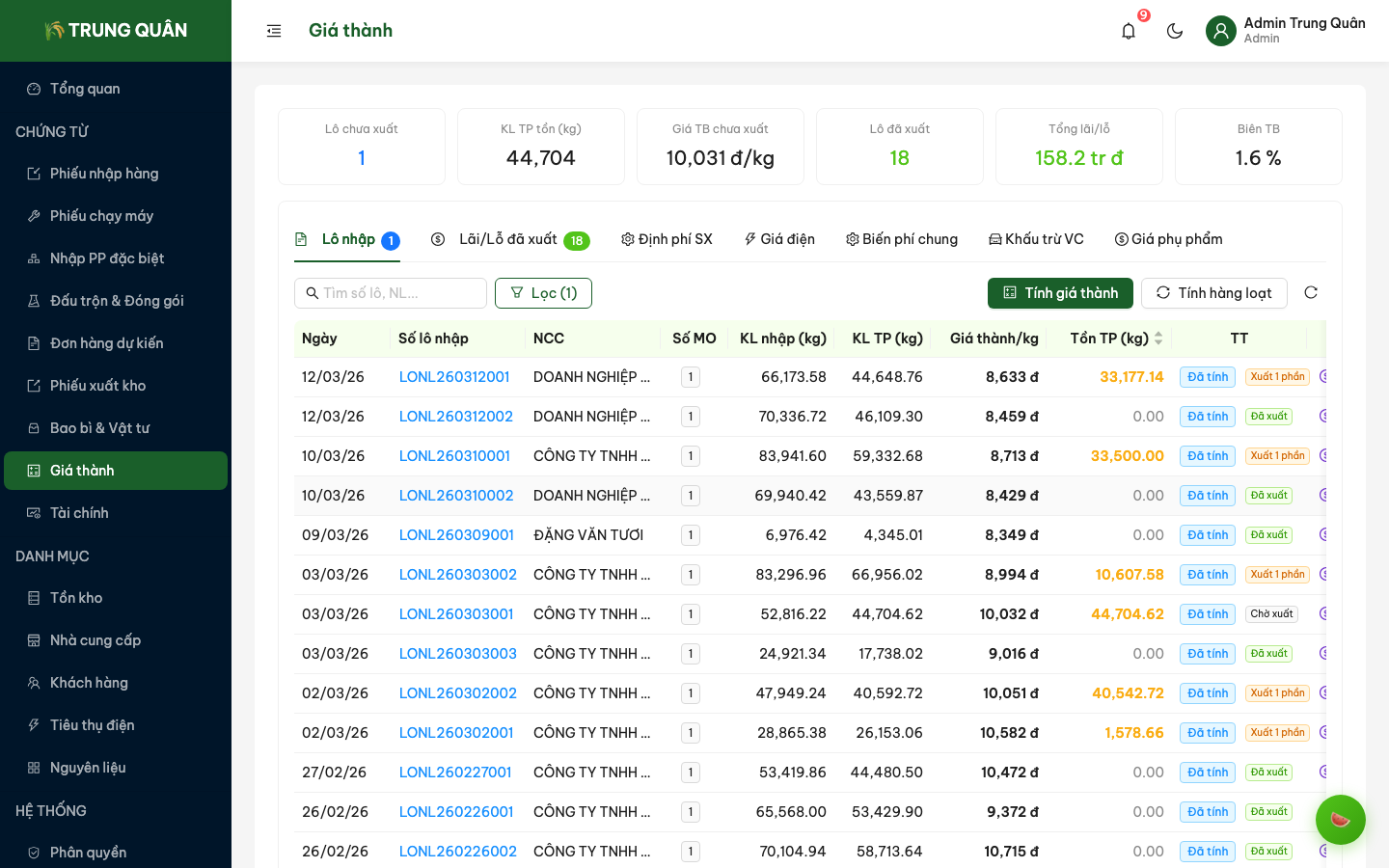 Cài đặt giá thành