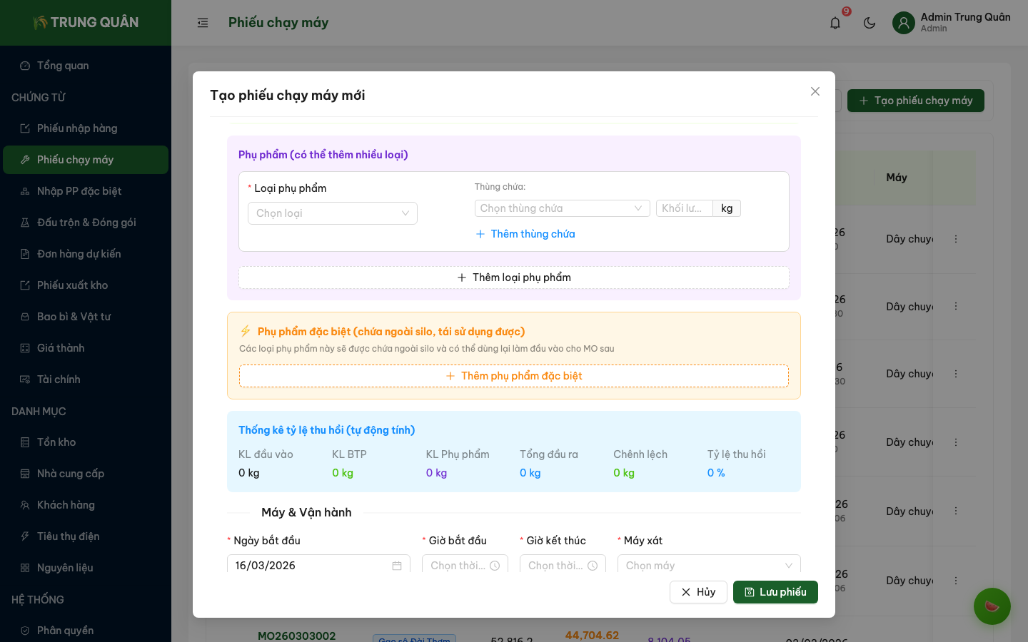 Form tạo phiếu chạy máy mới (phần 2)