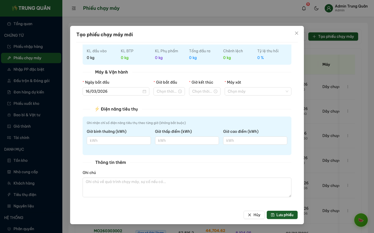Form tạo phiếu chạy máy mới (phần 3)