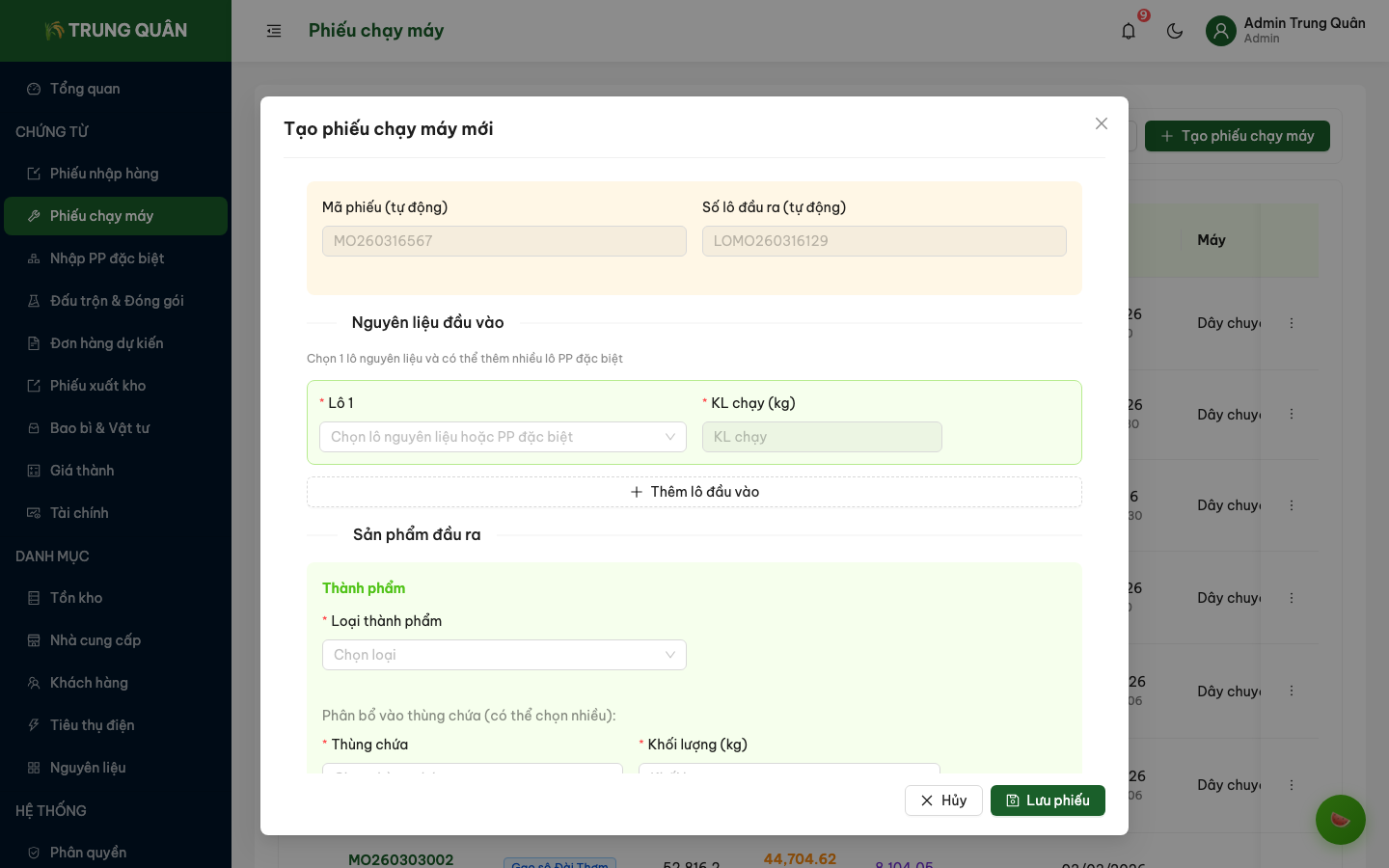 Form tạo phiếu chạy máy mới