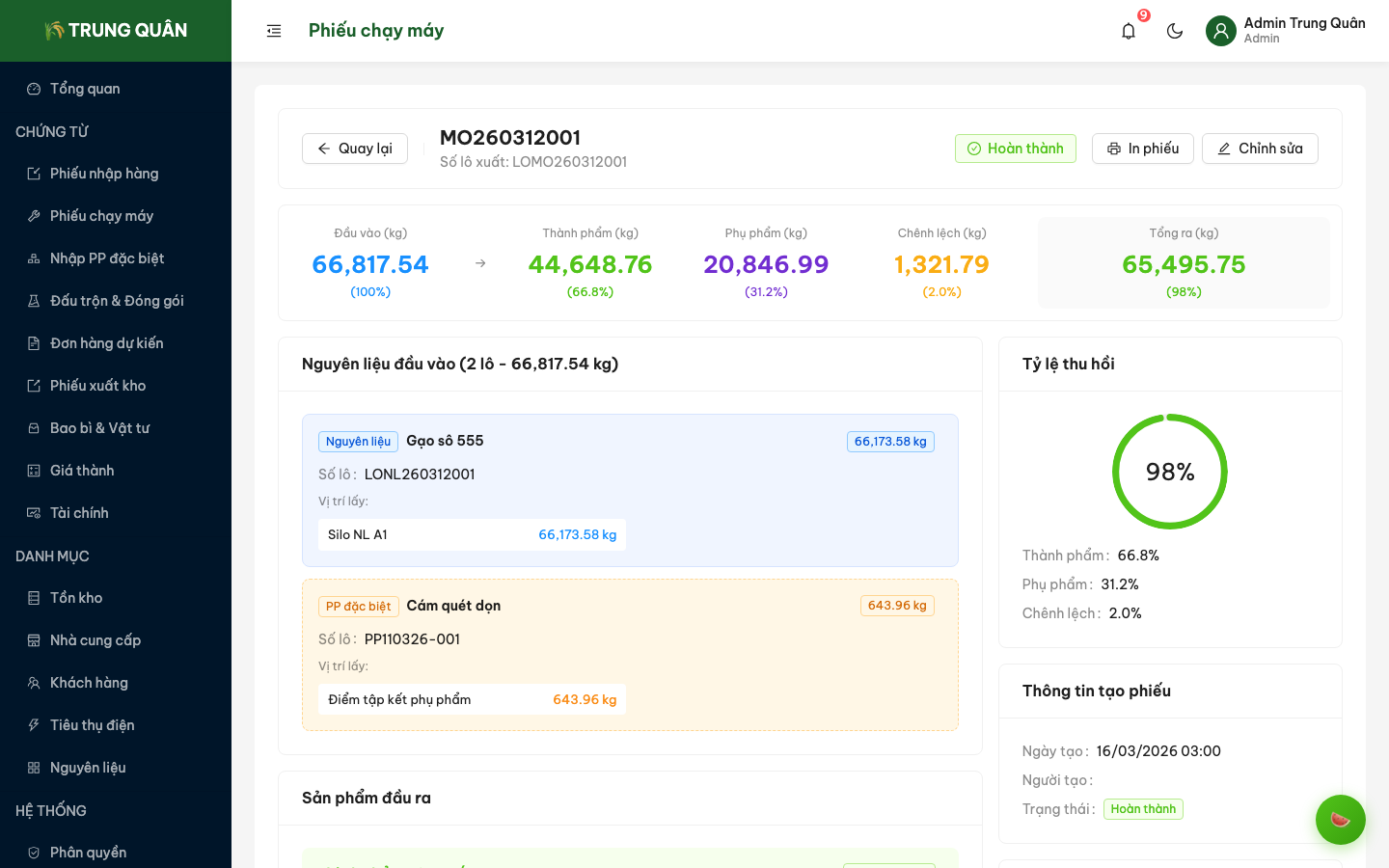 Chi tiết phiếu chạy máy