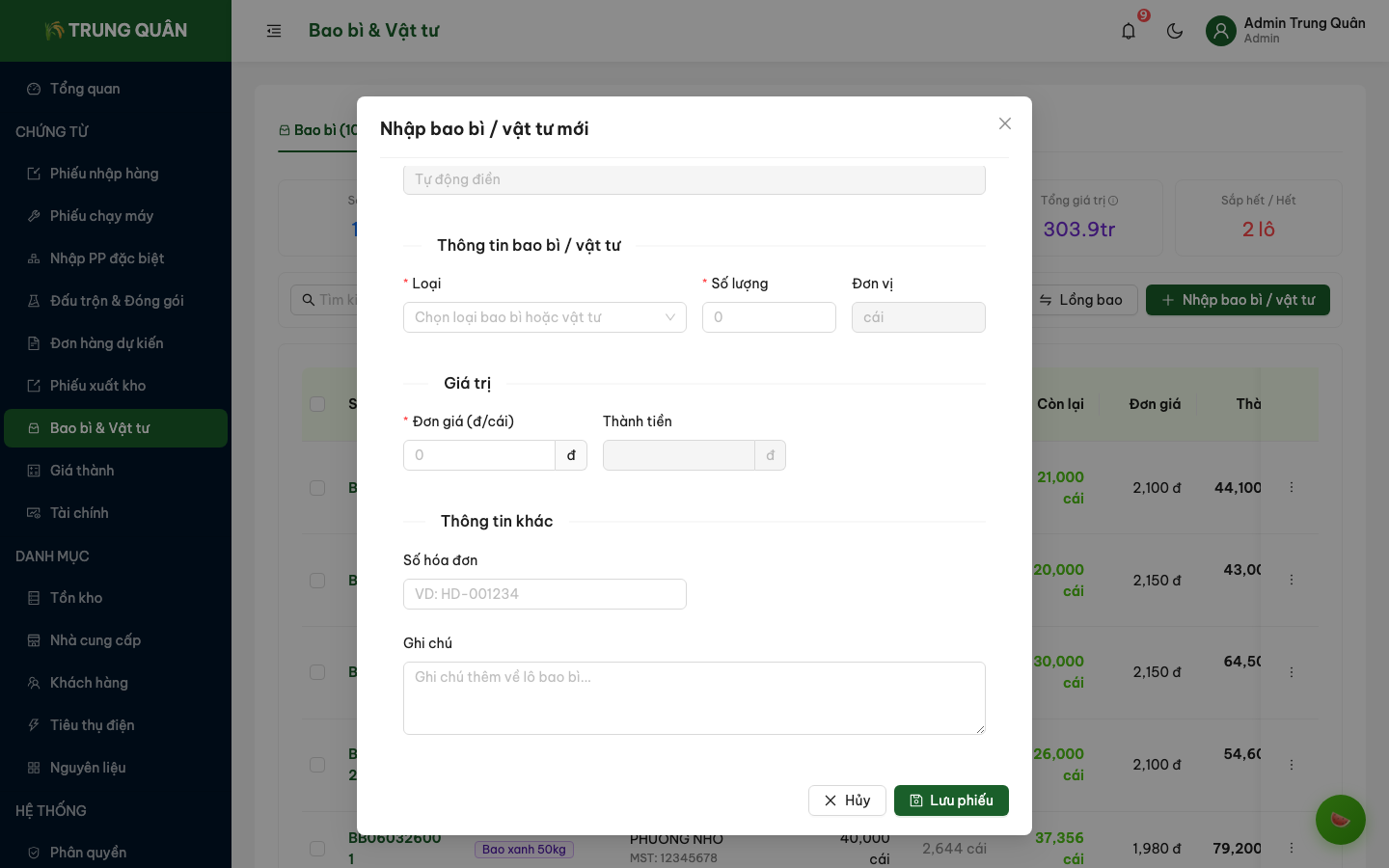 Form nhập bao bì mới (phần 3)