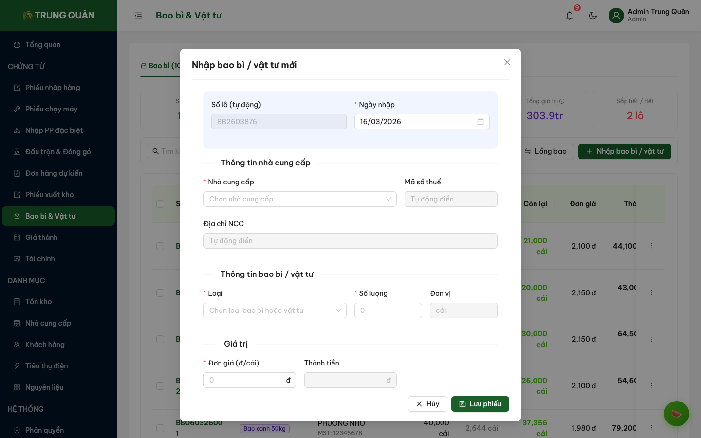 Form nhập bao bì mới