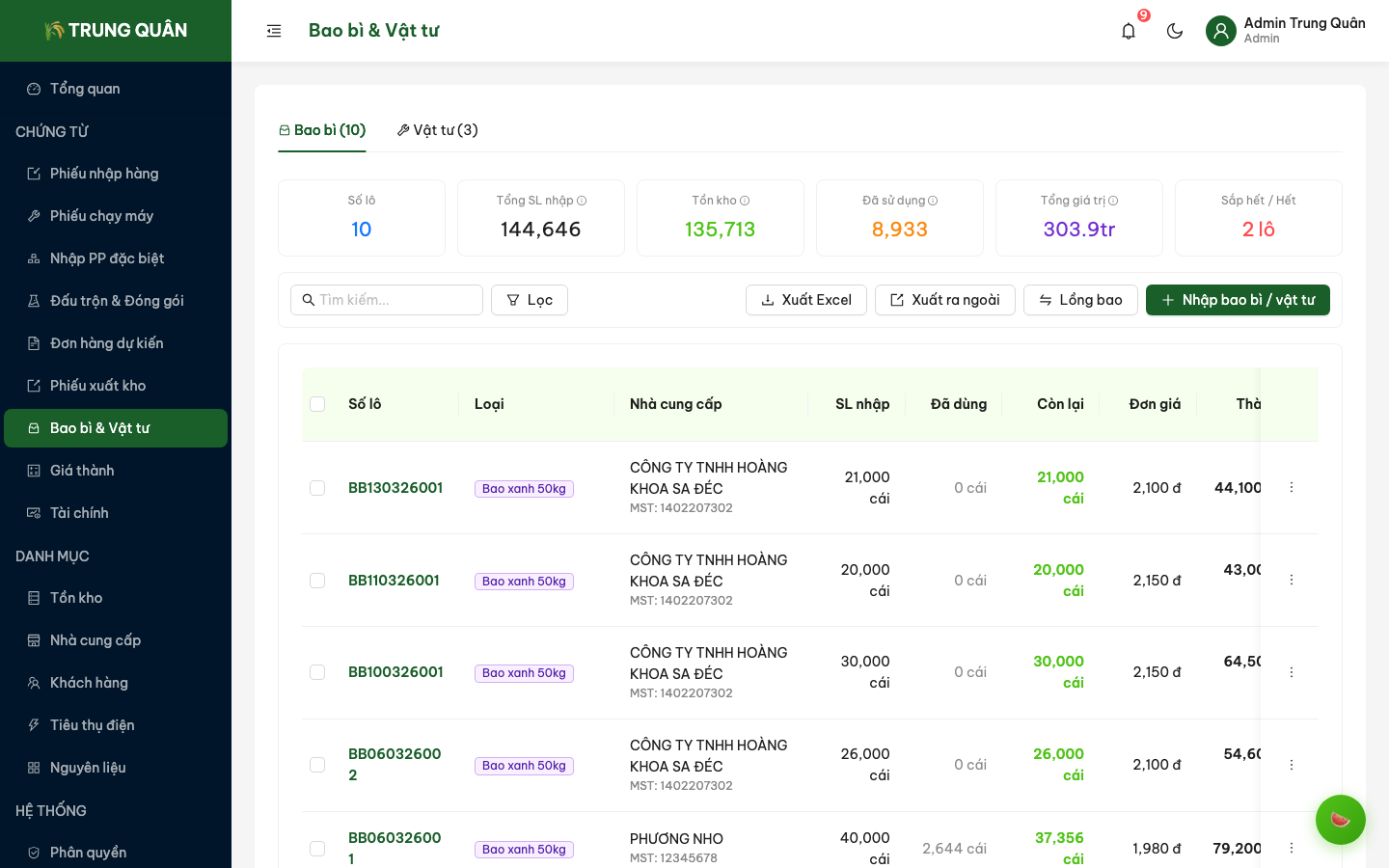 Danh sách phiếu nhập bao bì