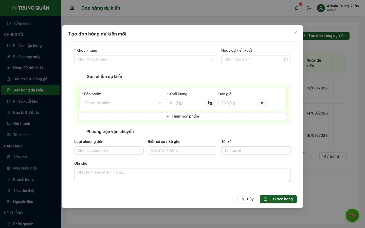 Form tạo đơn hàng dự kiến (phần 2)