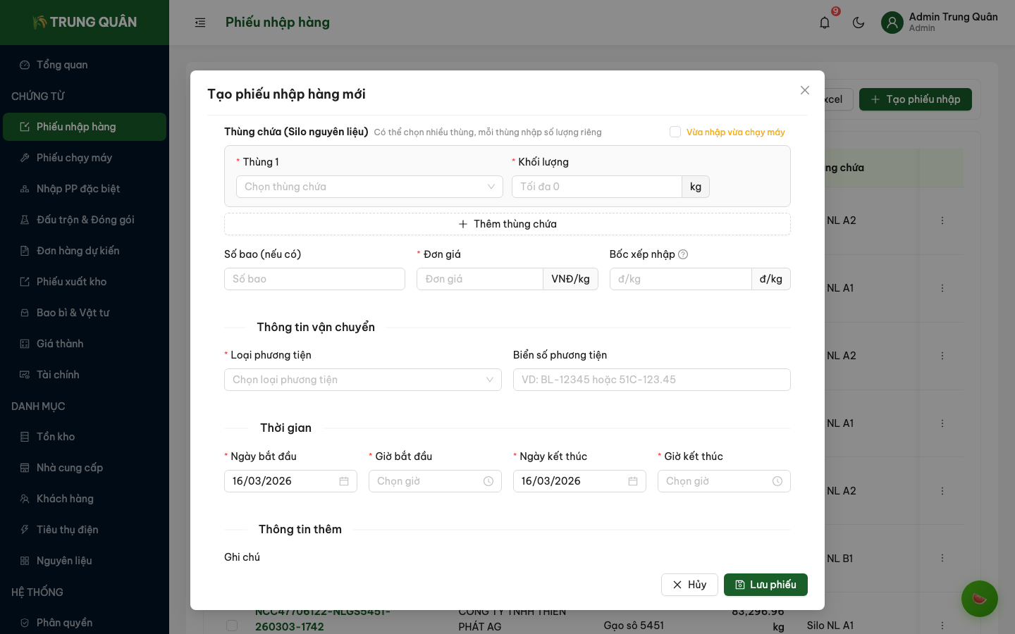Form tạo phiếu nhập hàng mới (phần 2)