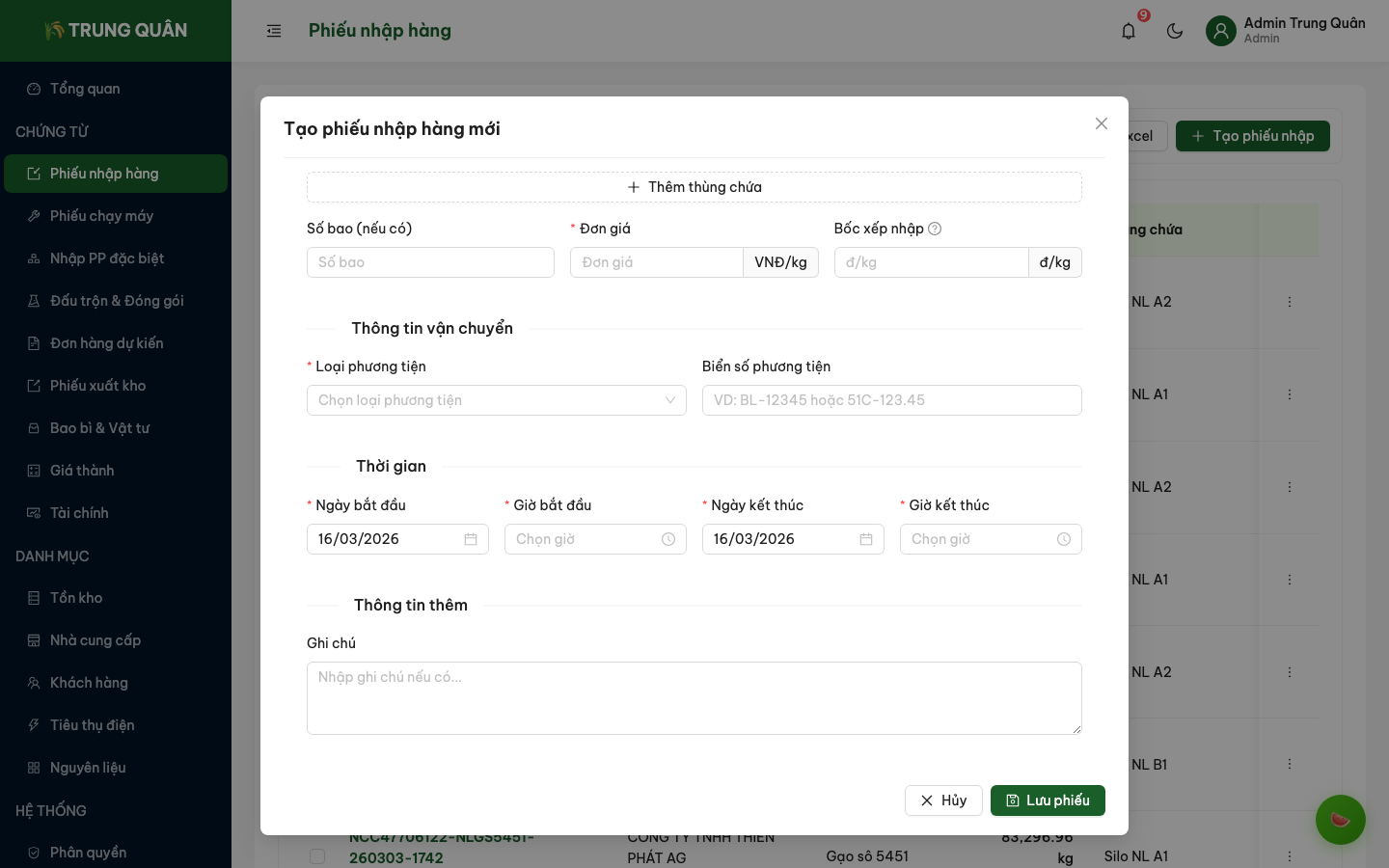 Form tạo phiếu nhập hàng mới (phần 3)