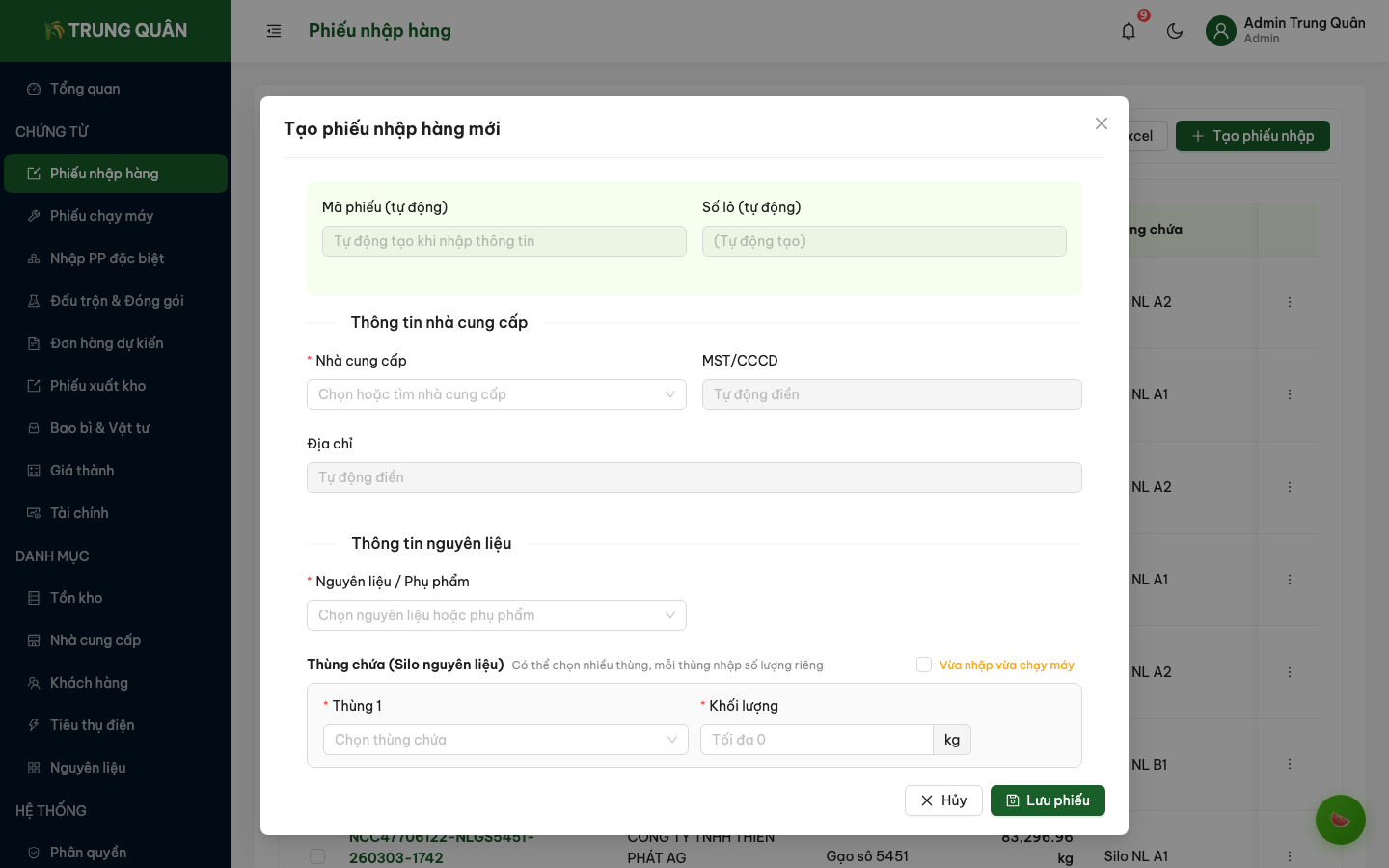 Form tạo phiếu nhập hàng mới
