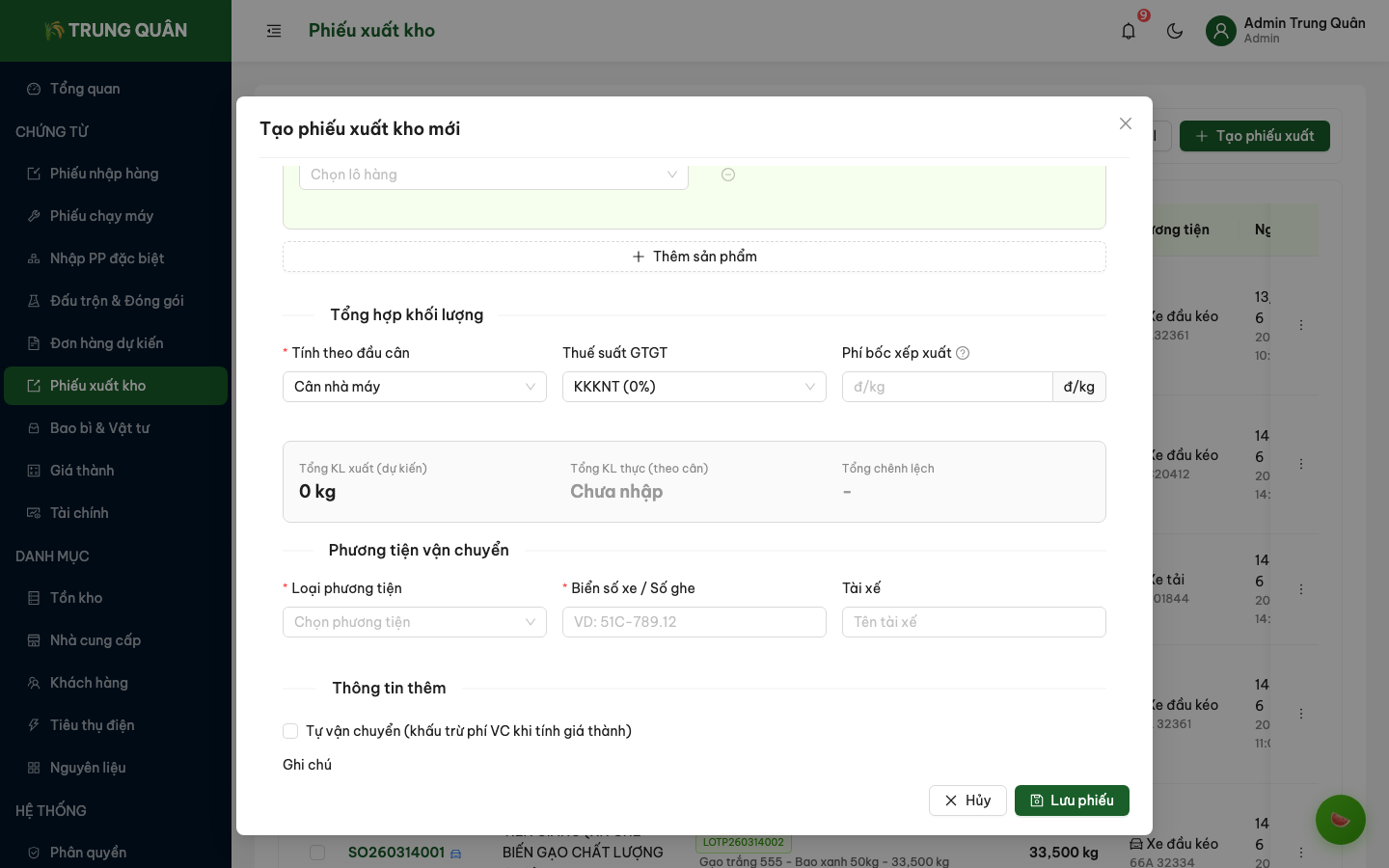Form tạo phiếu xuất kho mới (phần 2)