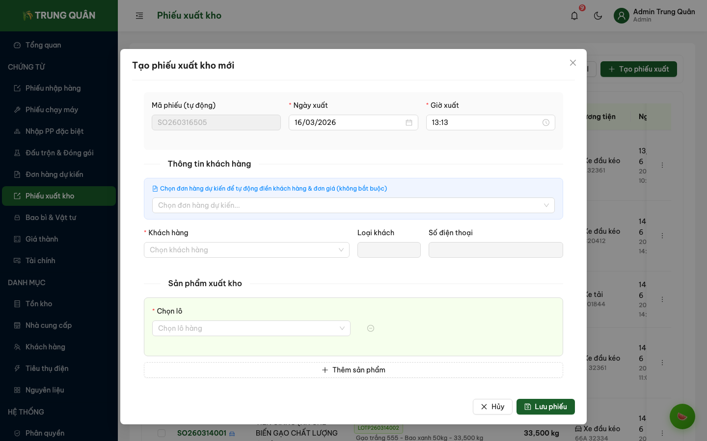 Form tạo phiếu xuất kho mới