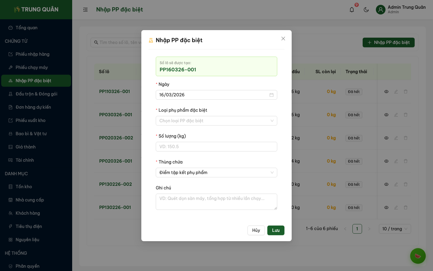 Form nhập PP đặc biệt