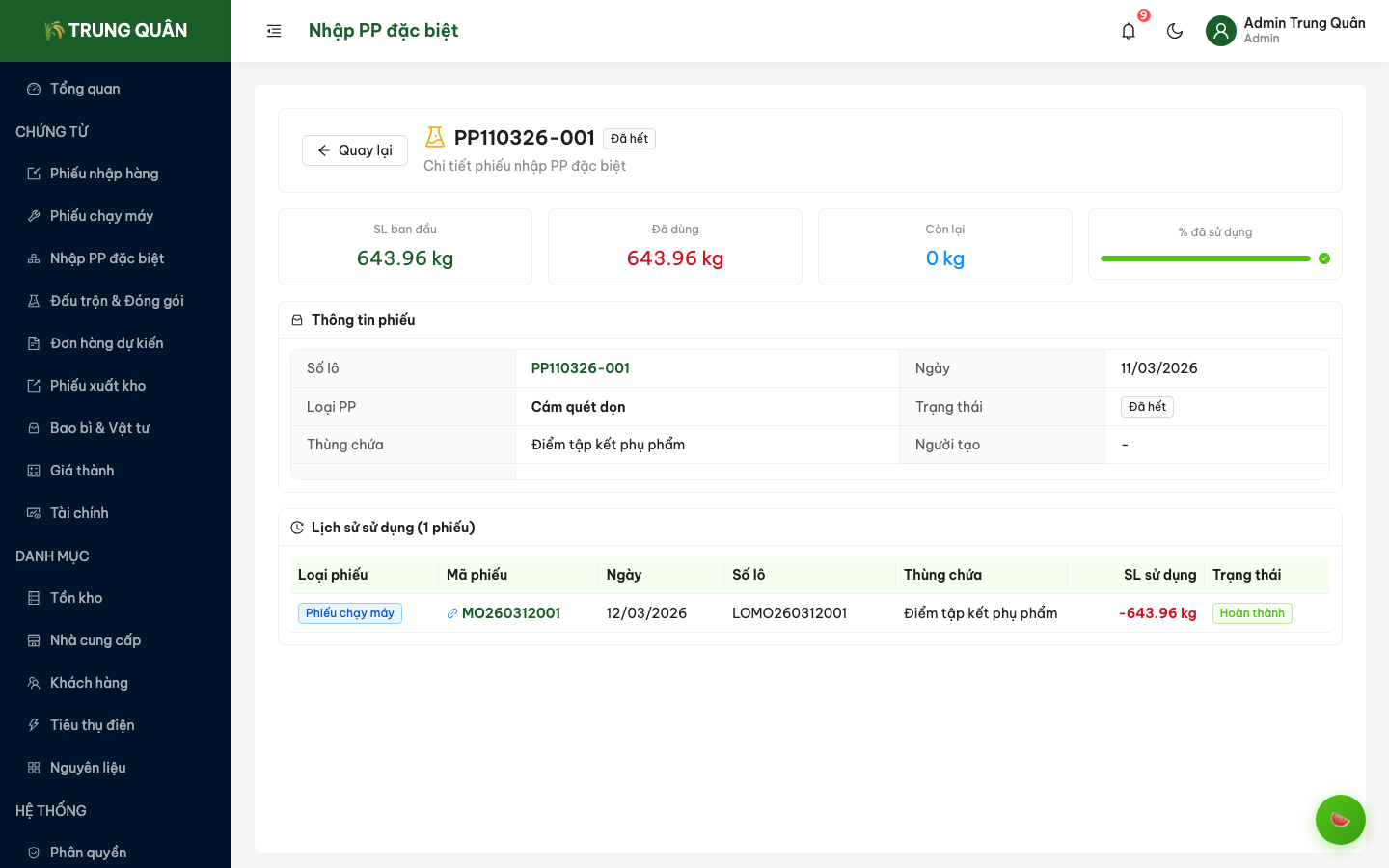 Chi tiết phiếu PP đặc biệt