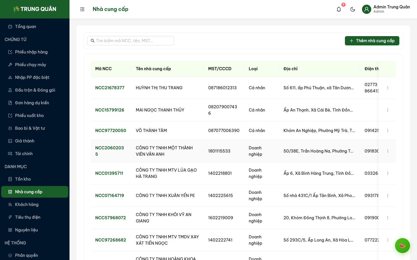 Danh sách nhà cung cấp